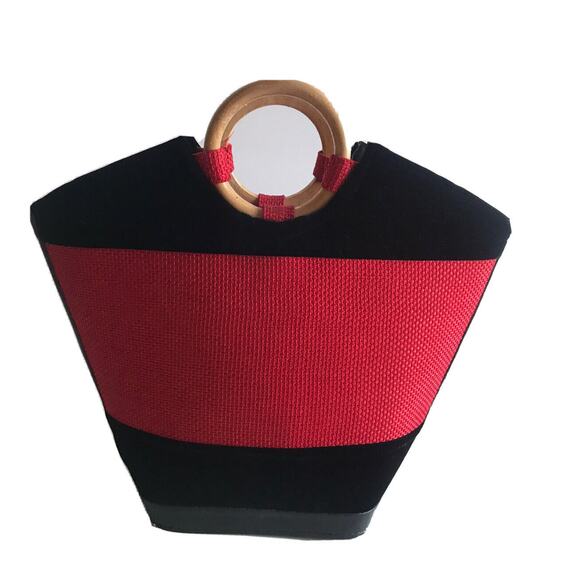 Red Woven Tote Handbag Black Velour Beaded Wooden Circular Handles Beach Purse - Picture 2 of 10